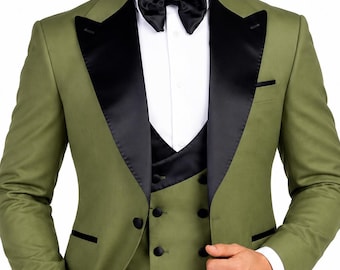 Men’s Olive Green 3 Piece Suit, Black Satin Lapel Tuxedo, Double Breasted Waistcoat, Wedding Groom Suit, Luxury Formal Menswear