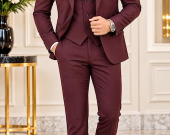 Burgundy 3 Piece Mens Suit, Mens Wedding Suit, Wine Red Suit, Mens Formal Suit, Slim Fit Tuxedo, Groom Suit, Rayon Suit, Business Suit