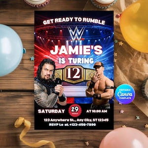 Könnte beinhalten: Eine WWE-Geburtstagseinladung mit dem Text "Get Ready to Rumble". Die Einladung zeigt Bilder von Wrestlern, das WWE-Logo und den Text "Jamie's is Turing 12". Enthält Veranstaltungsdetails: Samstag, 29. März, um 10:00 Uhr.
