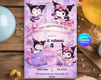 Invito di compleanno per ragazza anime diavolessa, invito per festa di compleanno per bambini con demone, modello di compleanno gotico kawaii, download digitale modificabile da Canva