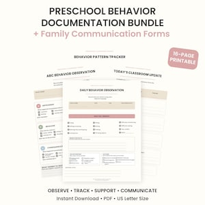 Può includere: Un pacchetto stampabile di 16 pagine per la documentazione del comportamento in età prescolare e moduli di comunicazione familiare. Include un tracker dei modelli comportamentali, osservazione ABC, osservazione quotidiana e aggiornamenti.