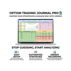 May include: A laptop screen showing a spreadsheet with charts and data. The text "OPTION TRADING JOURNAL PRO" and "MASTER YOUR STRATEGIES & MANAGE RISK WITH GREEKS" is visible. Below the laptop are the words "STOP GUESSING, START ANALYZING".
