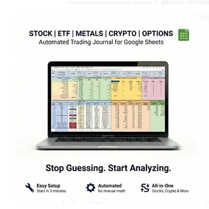 Diario di trading automatizzato per Google Fogli Dashboard di monitoraggio degli investimenti Registro di trading di azioni, criptovalute, ETF, metalli e opzioni (download digitale)