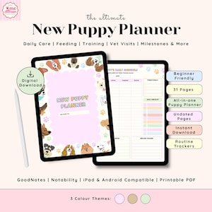Może przedstawiać: Cyfrowy planer dla szczeniąt na tablecie, z różową okładką ozdobioną ilustracjami psów i napisem "New Puppy Planner". Planer zawiera sekcje dotyczące codziennej pielęgnacji, karmienia, treningu i wizyt u weterynarza. Kompatybilny z GoodNotes, Notability, iPad i Android.