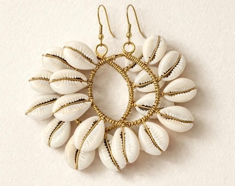 Cowrie Shell Drop Earrings Brass Tanzania Handcrafted