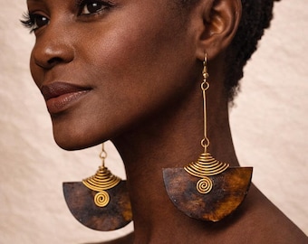 Mahogany Wood Drop Earrings Brass Tanzania Handcrafted