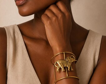 Elephant Prosperity Brass Cuff Bracelet Handcrafted