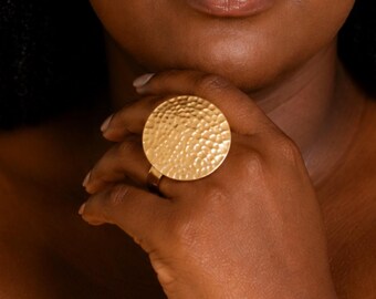Hammered Brass Disc Adjustable Statement Ring Ghana Handcrafted