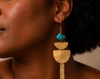 Turquoise Brass Cascade Statement Earrings Kenya Handcrafted