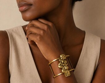 Mother Child Brass Cuff Bracelet Handcrafted