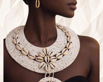 Statement Cowrie Shell Necklace – Handwoven Beaded African Heritage Jewelry