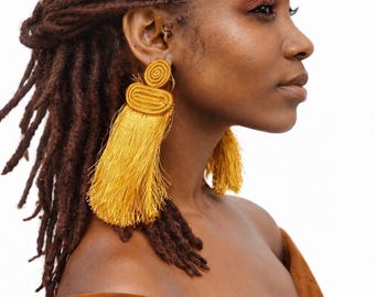 Gold Handwoven Natural Fiber Statement Fringe Earrings – Rwandan Heritage Jewelry