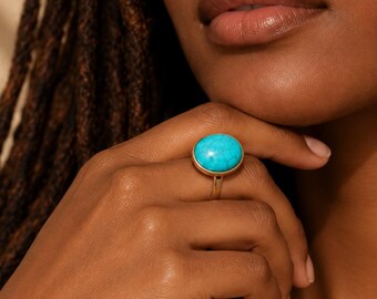 Turquoise Brass Adjustable Statement Ring Ghana Handcrafted