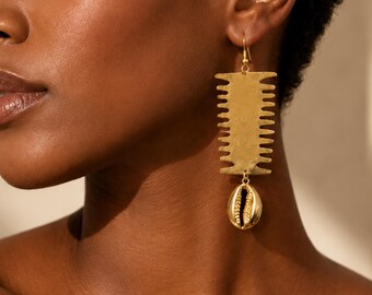 Brass Fringe Cowrie Drop Earrings Ghana Handcrafted