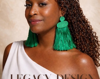 Green Fringe Statement Earrings Rwanda Handcrafted