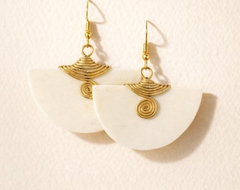 Kivu Bone Crescent Cowrie Earrings Brass Handcrafted