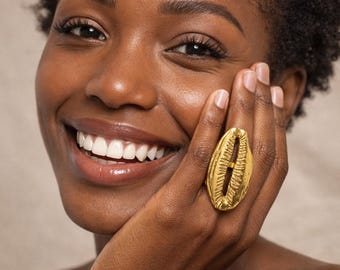 Handcrafted Brass Statement Ring – Gold Tone African Heritage Symbols