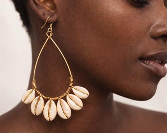 Statement Cowrie Shell Earrings – Handcrafted Brass, African Heritage Jewelry