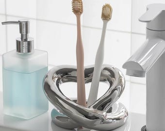 Heart Shaped Ceramic Toothbrush Holder, Makeup Brush Organizer, Bathroom Vanity Storage