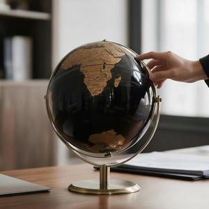 Op de afbeelding: Een bureauglobe met een glanzend zwarte bol en metallic gouden continenten. De globe is gemonteerd op een ronde, messingkleurige metalen voet en een bijpassende meridiaanring, waardoor deze kan draaien. Het oppervlak toont gedetailleerde geografische labels.