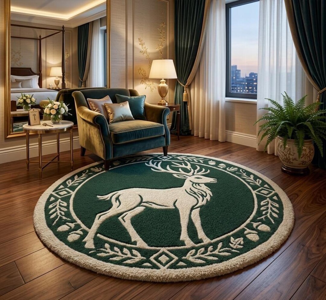 Deer Round Rug, Forest Animal Area Rug, Green Woodland Nursery Rug ...