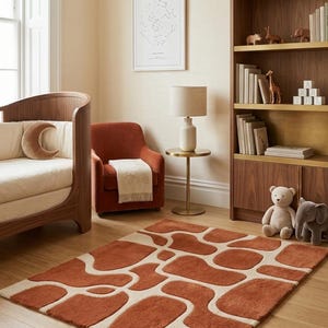 Abstract Rust Orange Rug, Mid Century Modern Area Rug, Geometric Pattern Carpet, Retro Boho Living Room Decor, Soft Plush Floor Rug