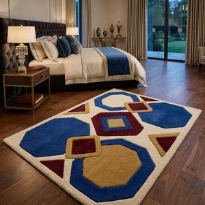 Handmade Geometric Wool Rug -Modern Abstract Art Carpet for Living Room, Bold Blue Burgundy Gold Octagon Decor, Mid Century Area Rug