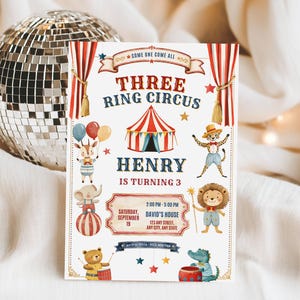 Uitnodiging voor een 3e verjaardag met circusthema (drie ringen), bewerkbare Canva-sjabloon met carnavalsthema.