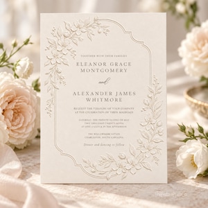 May include: A cream-colored wedding invitation card featuring an embossed floral border with delicate blossoms and leaves. The text reads: Together with their families, Eleanor Grace Montgomery and Alexander James Whitmore request the pleasure of your company at the celebration of their marriage, Saturday, the twenty-second of May, two thousand twenty-seven, at five o'clock in the afternoon, The Willowmere Estate, Charleston, South Carolina, dinner and dancing to follow.