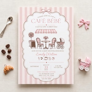 May include: A rectangular baby shower invitation card with a light pink and white striped border. The center features a brown line drawing of a cafe scene with a table, chairs, and a baby carriage. Text includes CAFÉ BÉBÉ, A LITTLE ONE IS BREWING, and Emily Wilson.
