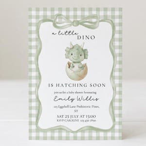 Puede incluir: Una tarjeta de invitación rectangular para baby shower con un borde de cuadros vichy en verde salvia y blanco y una ilustración central de un bebé dinosaurio saliendo de un huevo. El texto dice: a little DINO IS HATCHING SOON join us for a baby shower honouring Emily Willis 123 Eggshell Lane Prehistoric Pines, ST SAT 25 JULY AT 15:00 RSVP CAROLINE 123 456 7890.