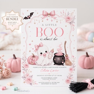 May include: A rectangular baby shower invitation card featuring a white background with pink floral borders, a central ghost illustration with a pink bow and pacifier, a black cauldron, a broom, and text reading A LITTLE BOO is almost due.