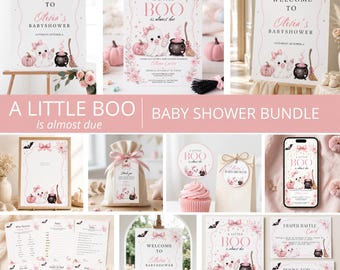 May include: A baby shower bundle featuring an 'A Little Boo is almost due' theme with pink bows, ghosts, pumpkins, and cauldrons. Includes welcome signs, invitations, favour tags, cupcake toppers, game cards, diaper raffle cards, and book request cards.