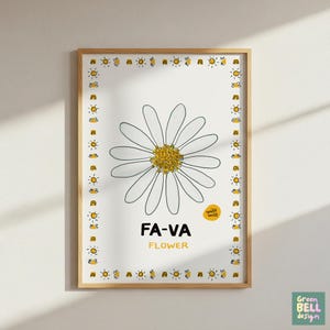 Puede incluir: Una impresión artística enmarcada con una ilustración de una margarita. La margarita tiene pétalos blancos y un centro amarillo. La impresión incluye el texto "FA-VA FLOWER" en negro, con un borde de soles y arcoíris. La obra está sobre un fondo blanco.