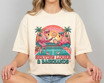 Serving Looks Backhands Pickleball Shirt, Retro Flamingo Court Tee, Comfort Colors Tshirt
