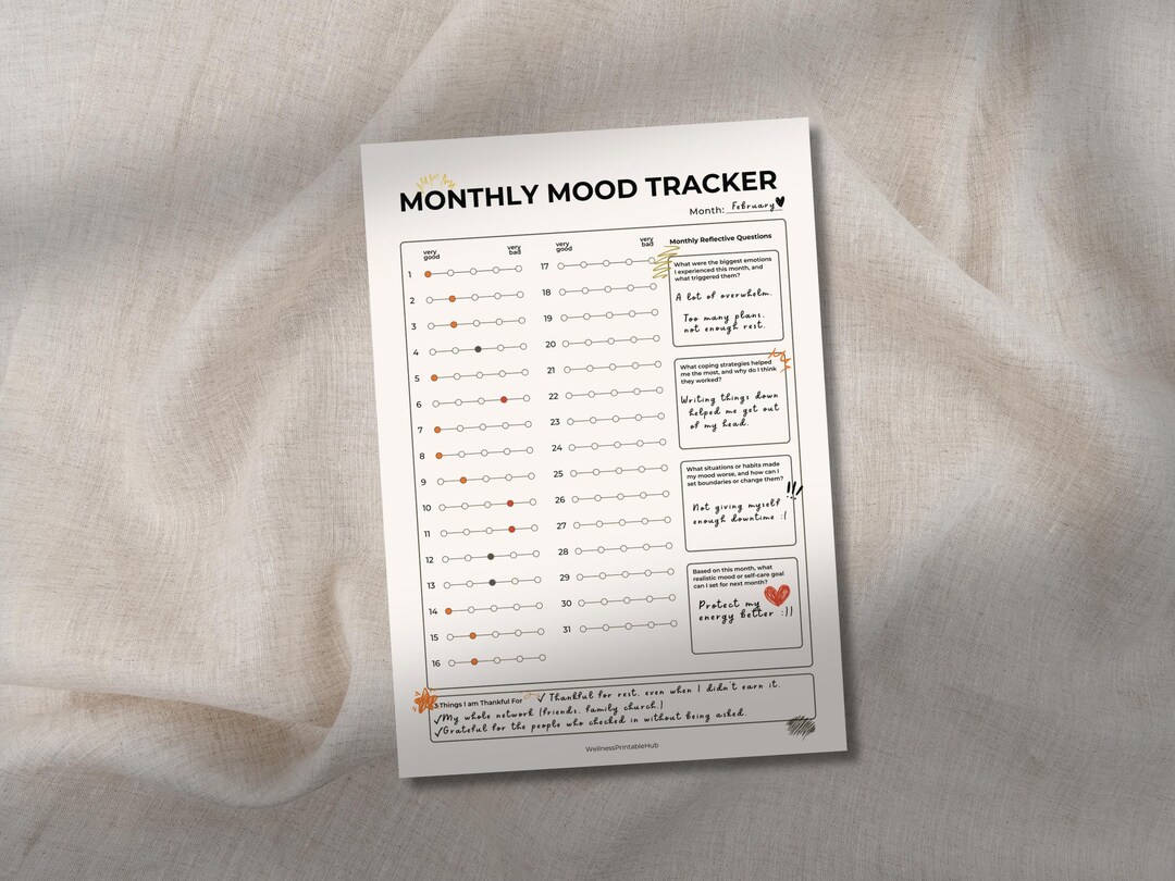 Monthly Mood Tracker Journal Printable Self Care Planner Mental Health ...