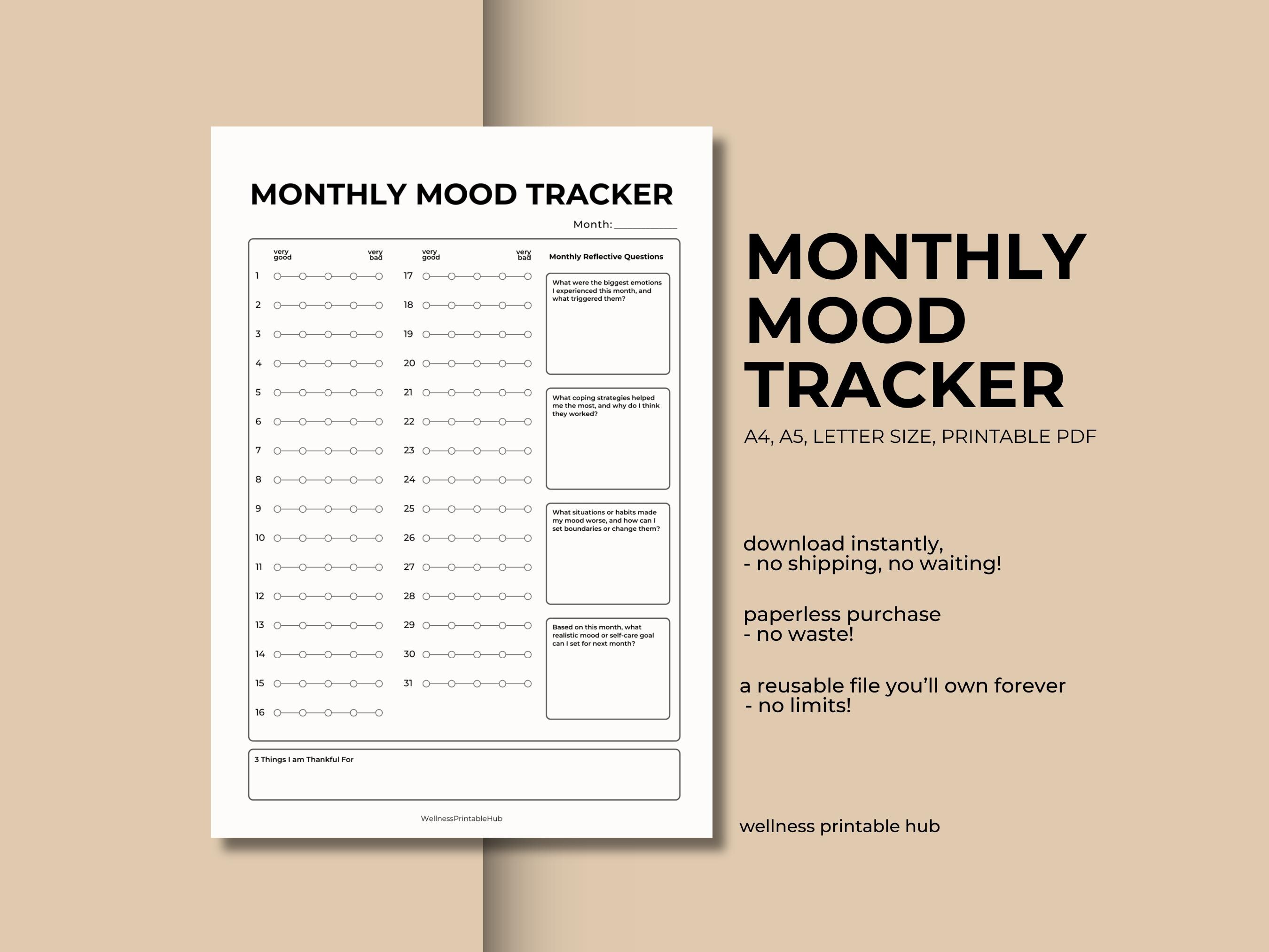 Monthly Mood Tracker Journal Printable Self Care Planner Mental Health ...