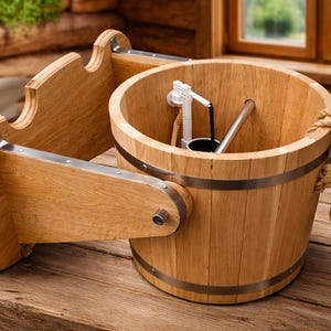 Puede incluir: Un cubo de sauna de madera con un cucharón de madera a juego y un asa de cuerda. El cubo está hecho de madera de color claro y tiene bandas de metal. El cucharón y el cubo están sobre una superficie de madera.
