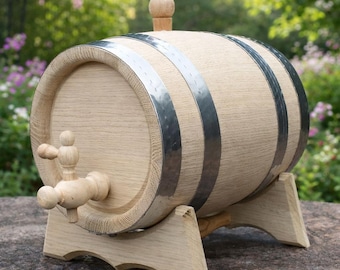 Handmade Oak Wine Barrel with Stand and Tap, Rustic Bar Decor, Whiskey Aging Dispenser