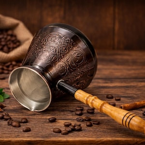 Könnte beinhalten: Eine kupferfarbene Kaffeekanne mit einem verzierten Design, die auf einer Holzoberfläche liegt. Die Kanne hat einen Holzgriff und ist von Kaffeebohnen, Gewürzen und einem mit Bohnen gefüllten Jutesack umgeben. Ein Zimtstange ist ebenfalls vorhanden.