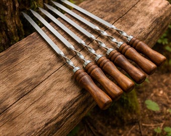 Stainless Steel Shashlik Skewers – 62cm Wooden Handle BBQ Grill Tools