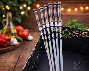 6 pieсe Stainless Steel BBQ Skewers – Twisted Blade, Wooden Handle Grill Accessories