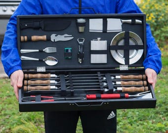 BBQ Grill Set with Skewers – Stainless Steel Tools in Case for Camping, Picnic