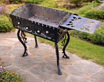 Handmade Forged Mangal Grill 3mm Steel – Decorative BBQ Charcoal Grill with Ornate Legs