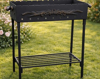 Durable 3mm Steel Mangal Charcoal Grill with Stand & Shelf – Outdoor BBQ Shashlik Cooker