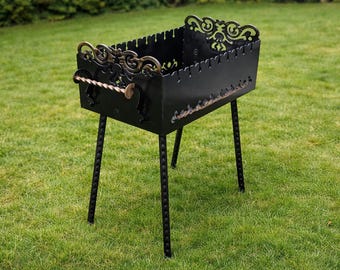 Decorative Steel Mangal Grill – Handmade Shashlik BBQ – Portable Outdoor Charcoal Barbecue