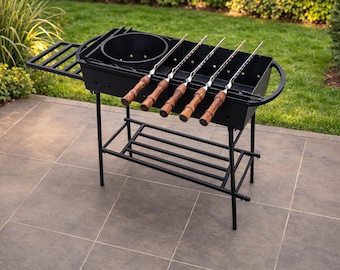 Metal Charcoal Grill with Skewers & Kazan Holder – Outdoor BBQ Grilling Station