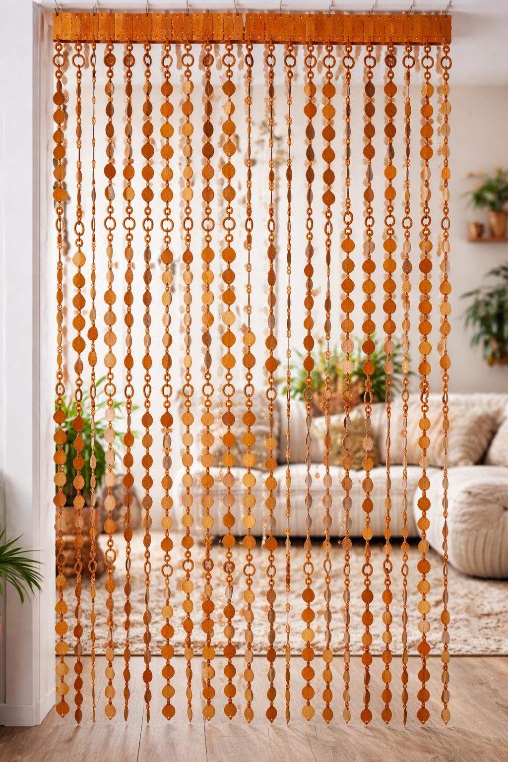 Natural Wood Beaded Door Curtain – Boho Retro Room Divider