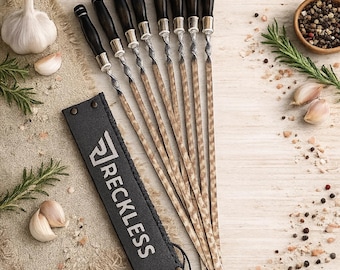 Hand Forged BBQ Skewers Set with Wooden Handle – Stainless Steel Shish Kebab Skewers, Gift Set with Case