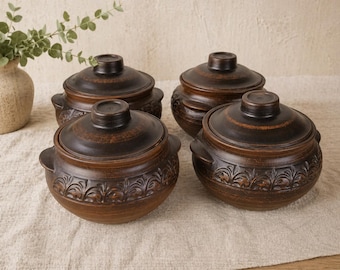 Set of 4 Handmade Ceramic Pots with Lids – Rustic Oven Cookware for Stews